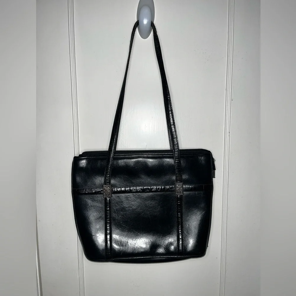 Vintage Brighton Black Structured Leather Shoulder Bag Reptile Print Trim